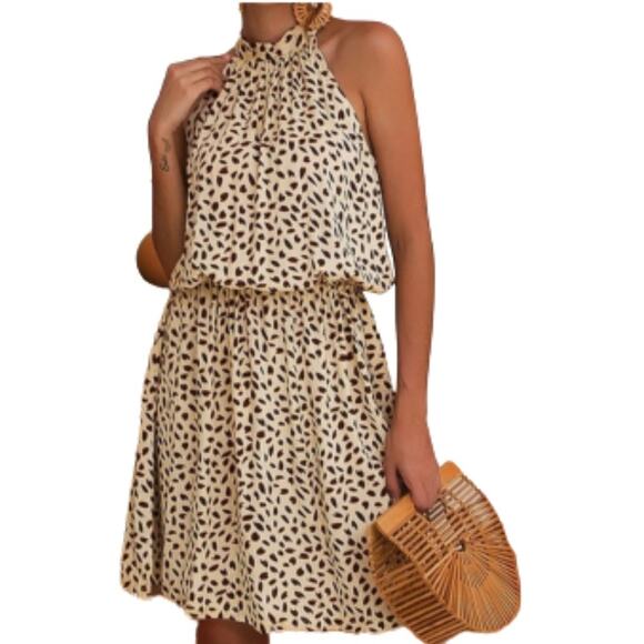 Coeur DE Vague Dress Cream Brown Print Sleeveless Halter Tie Back Dress Medium - Picture 12 of 12